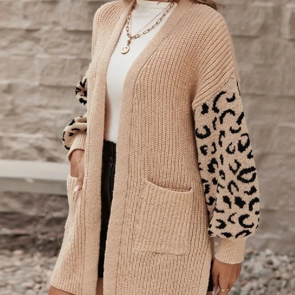 New! Leopard Sleeve Beige Cardigan - Picture 5 of 6